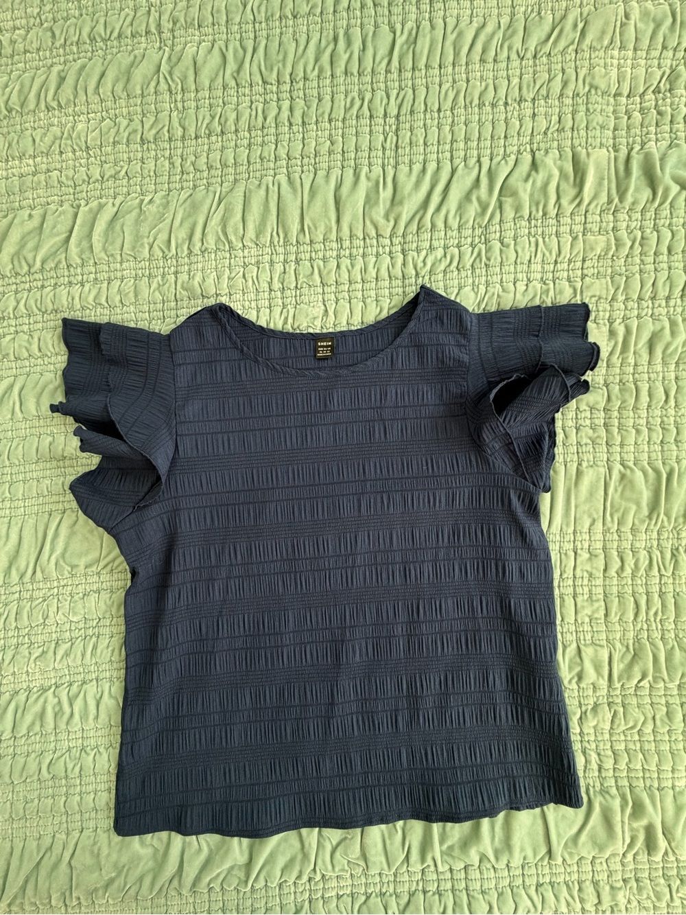 SHEIN Navy Textured Ruffle Sleeve Top-XL